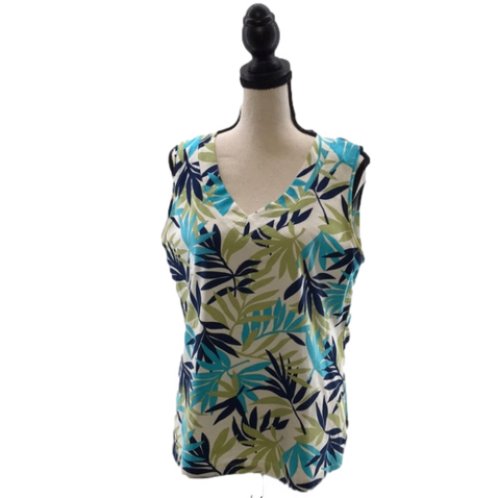 WHITE STAG Navy Blue/Turquoise/Green Leafy Print/White Sleeveless V-Neck—L 12/14 - Picture 1 of 8